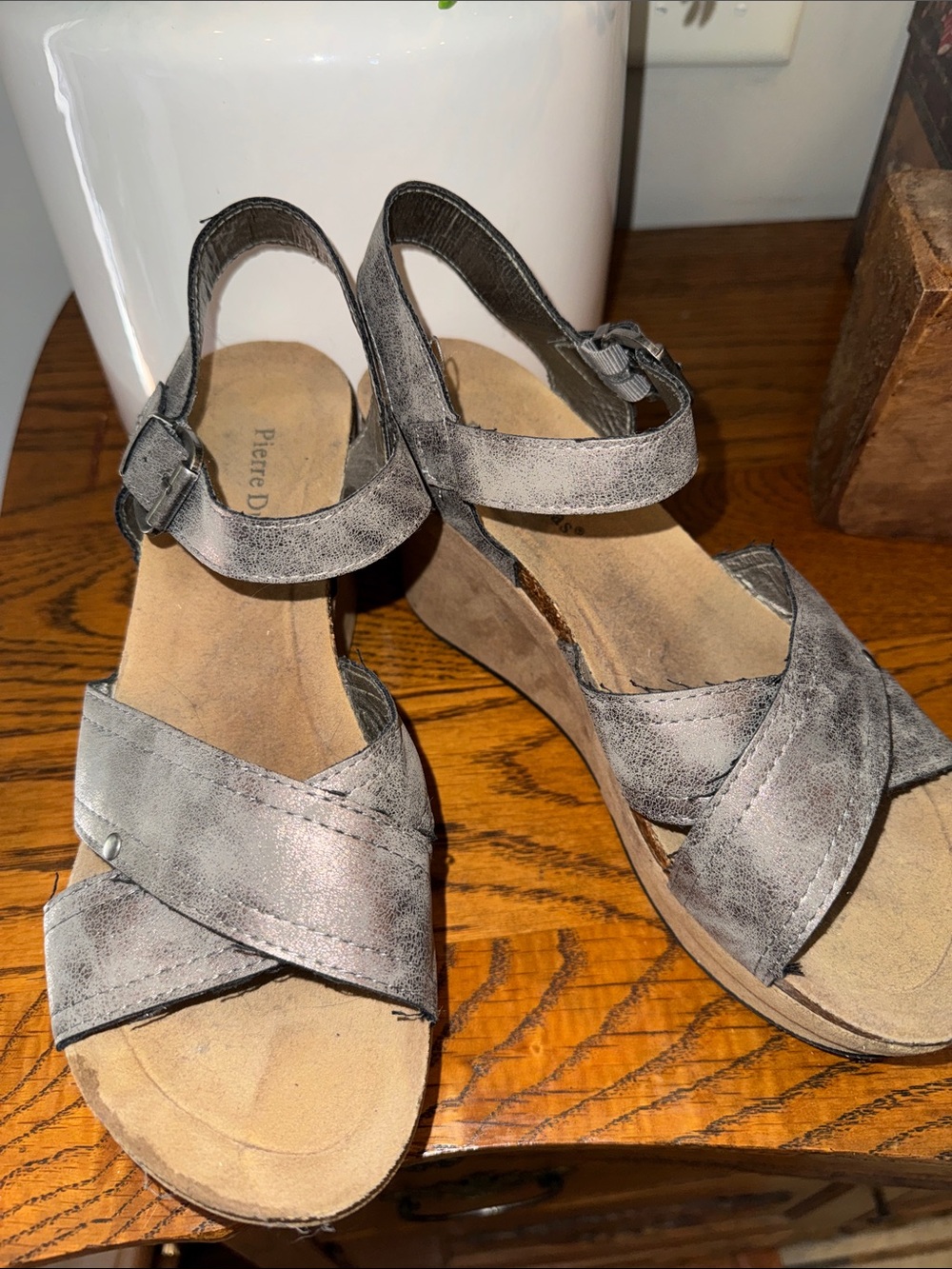 Pierre Dumas HESTER Gray Cross-Strap Wedge Sandals - Size 10